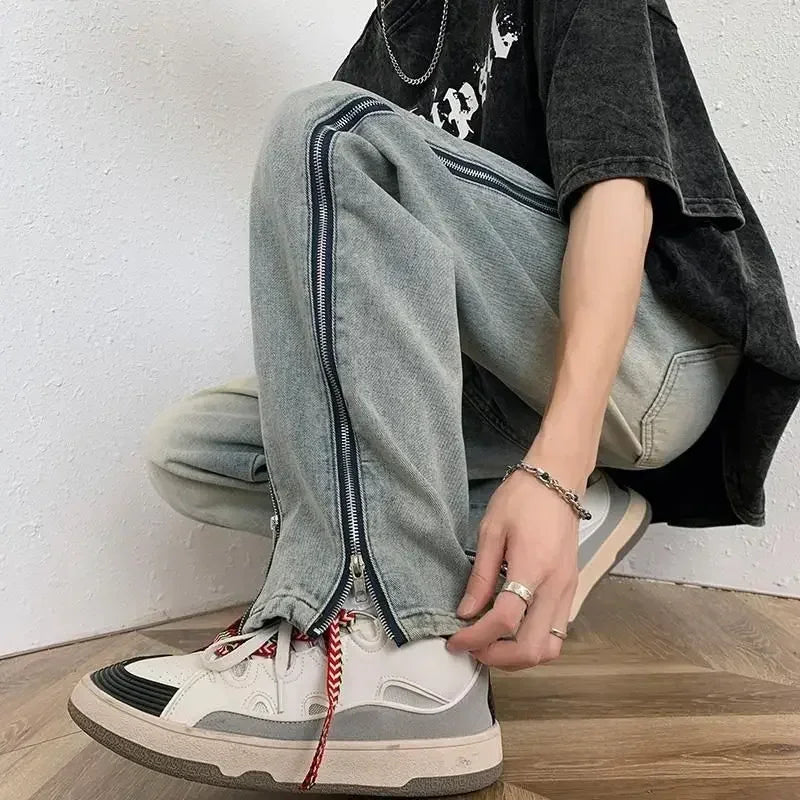 saferido Trousers Straight Jeans for Men with Slits Hip Hop Male Cowboy Pants Punk Wide Leg Baggy 2024 Korean Autumn Designer Cotton Kpop
