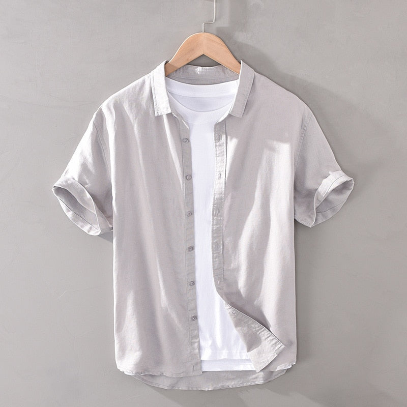 Cotton Linen Shirts For Men Casual Short Sleeve Tops Oversize Solid White Turn-Down Collar Tee Male Summer Vacation Clothing