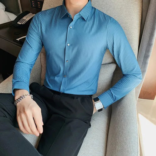 saferido Spring Autumn Long Sleeve Men Vintage Shirts Fashion stripe Slim Fit Korean Mens Shirt Luxe Homm Office Dress Shirts S-4XL