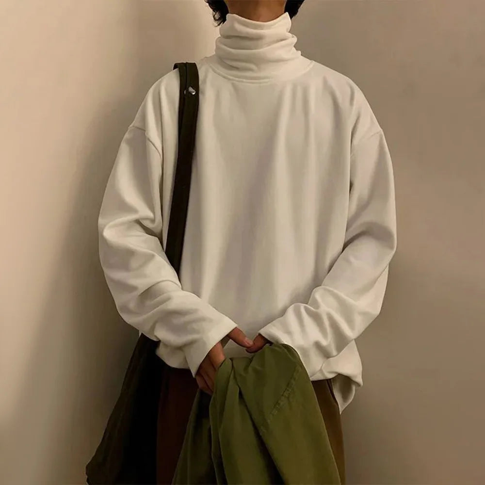 saferido Mens Pullover Japanese Stylish Solid Harajuku Long Sleeve Top Fashion Turtleneck Cozy Baggy Fit Casual Daily Top Men's Clothing