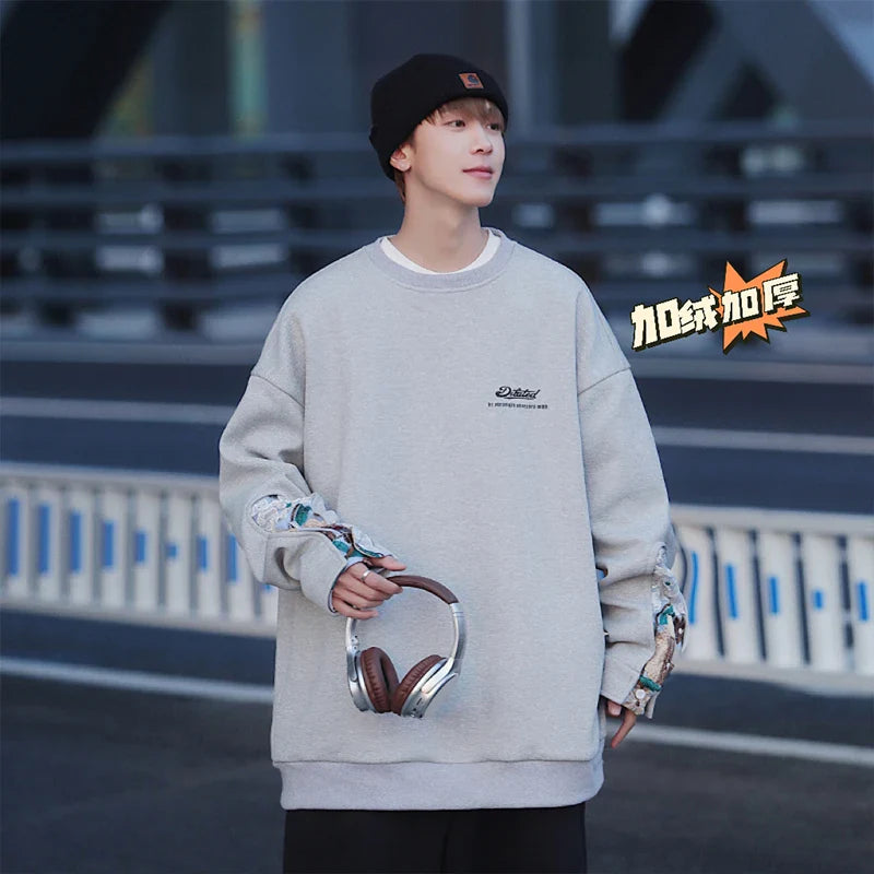 saferido Sweatshirt for Men Long Sleeve Pullover Autumn Vintage Embroidery Sweatshirt Korean Trend Tops Boyfriend Clothing Padded Thicker