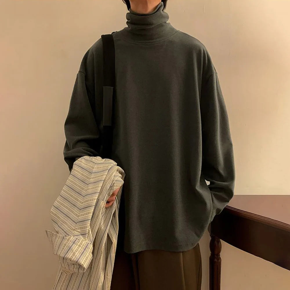 saferido Mens Pullover Japanese Stylish Solid Harajuku Long Sleeve Top Fashion Turtleneck Cozy Baggy Fit Casual Daily Top Men's Clothing