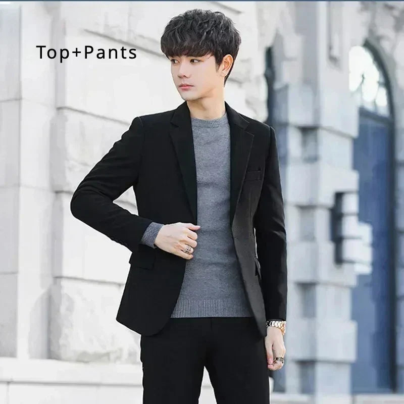 S-6XL Men's Business Casual Suit Korean Style Trendy Slim Fit 2 Piece Set Solid Color (Blazer+ Pants )Groom Wedding Dress Party