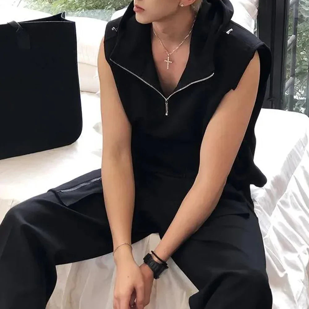 saferido Mens Clothing American Street Hooded Vest Coat Sleeveless T-Shirt 2024 Spring and Summer Casual Loose Vest Sweatshirt Unisex