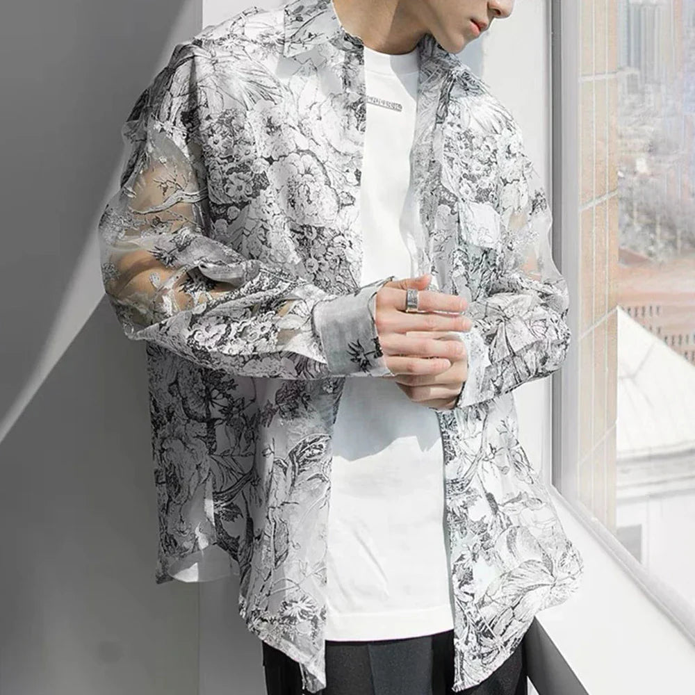 saferido Shirts Men Fashion Mesh Floral Shirt Harajuku Gothic Top Long Sleeve Korean Loose Street Sun-proof Summer Holiday Casual Clothes