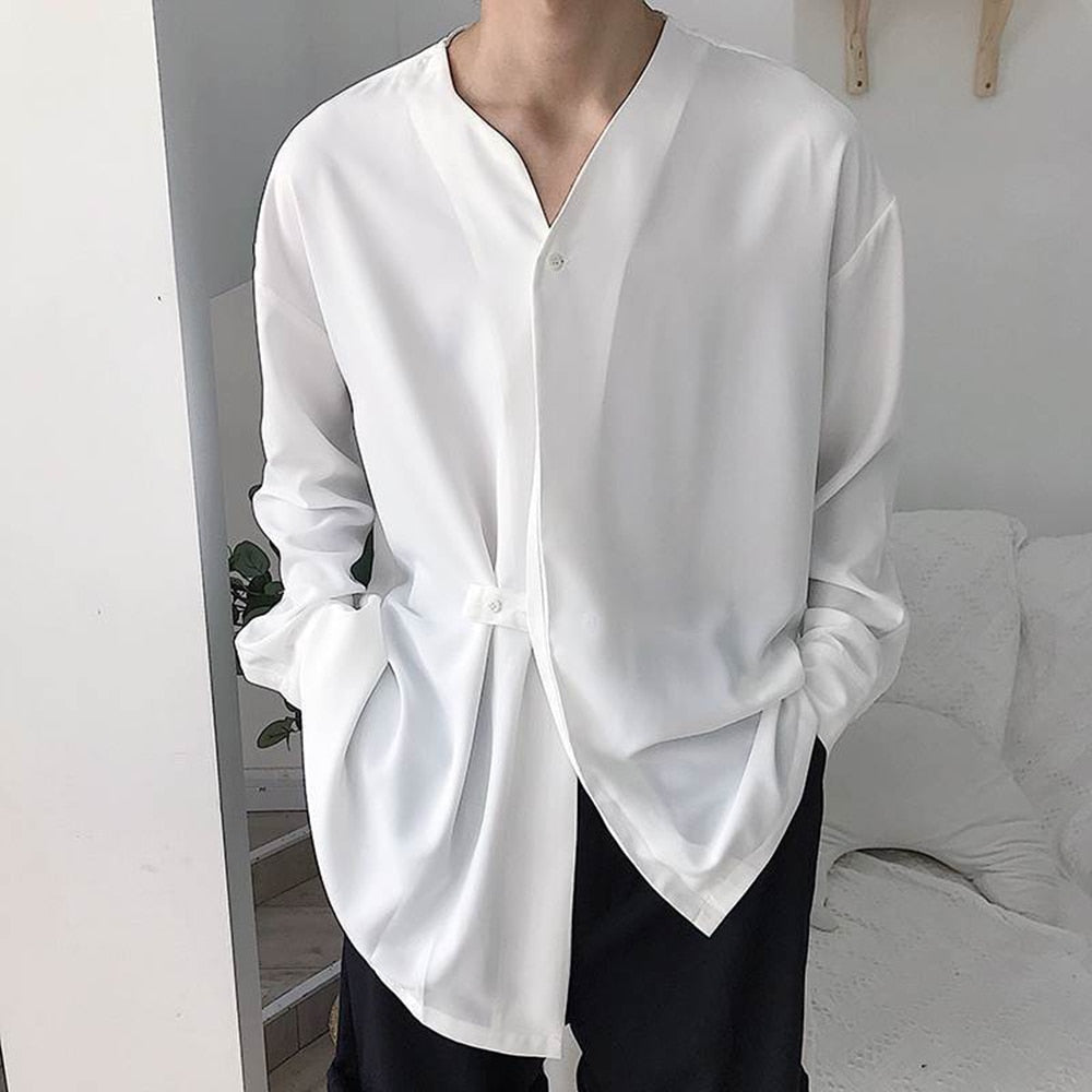 Mens Irregular Button Drape Solid Color Shirts