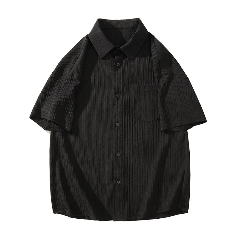 Summer Ice Silk Vertical Stripe Shirt Men Summer Short Sleeve Lapel Shirts Blouse Top Loose Casual Men Clothing Camisas