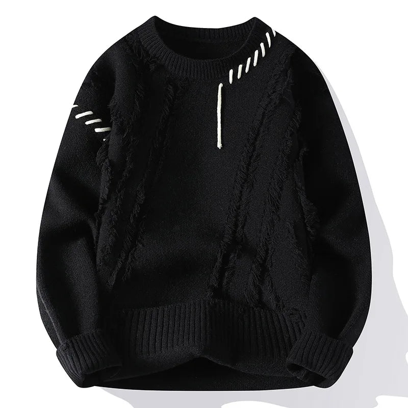 Man Panelled O-neck Jumper Autumn Winter Korean Simple Casual Streetwear Warm Knitted Ribbed Sweater Male Fashion Pullover