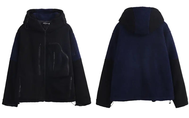 Hip Hop Fleece Fluffy Hooded Jacket Streetwear Harajuku Fuzzy Plush Patchwork Zipper Thick Warm Coats Fashion Loose Jacket