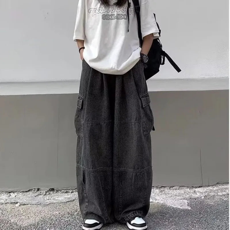 Spring Autumn Men Baggy Jeans Men Wide Leg Pants Big Pockets Elastic Waist Streetwear Trousers Male Loose Denim Pants