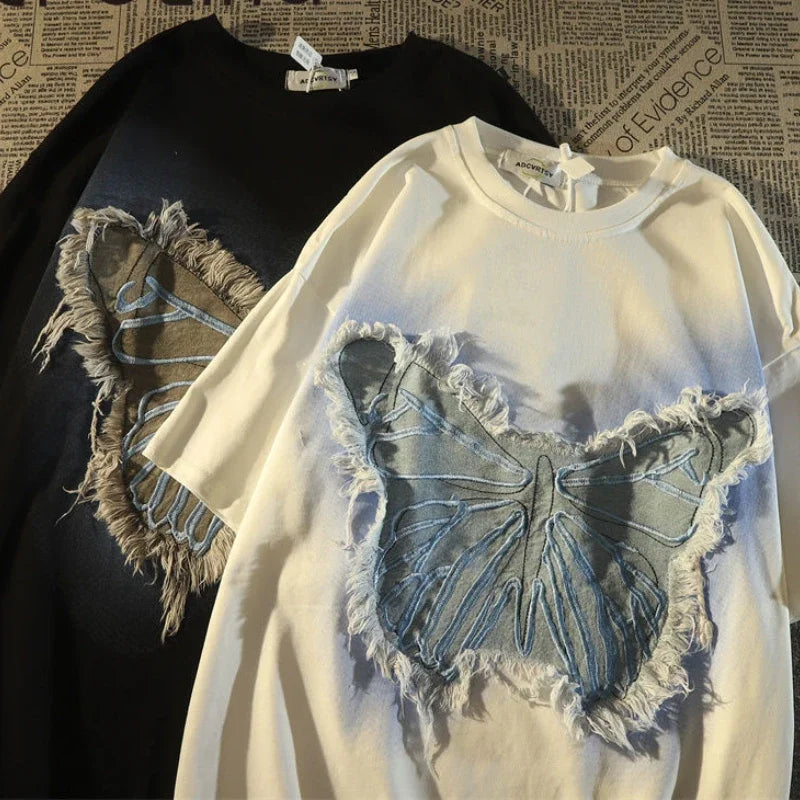 saferido American Vintage T Shirt High Street Patch Butterfly Short Sleeve O-neck T-shirt Men Women Oversize High Street Tops