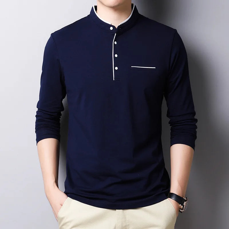 saferido New Spring Autumn T Shirt Men Cotton Long Sleeve Slim Fit Mens Tshirt Fashion MANDARIN COLLAR Solid Color Tops Tees Men Clothing