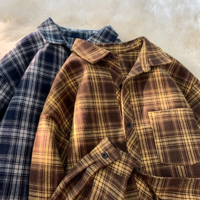 saferido Retro Plaid Long Sleeve Shirt Men Spring Fall Loose Shirt Turn-down Collar Blouse Hip Hop Streetwear Male Shirts