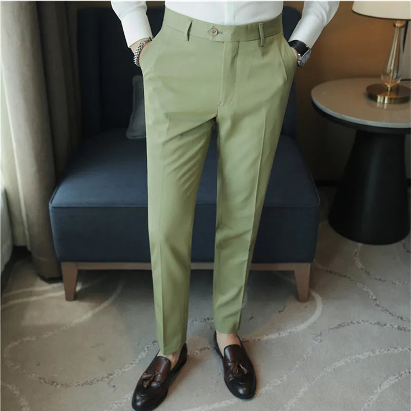 saferido Men Spring Summer Belt Decoration Casual Ankle Length Pants Fashion Slim Fit Suit Pants Streetwear Social Business Trousers
