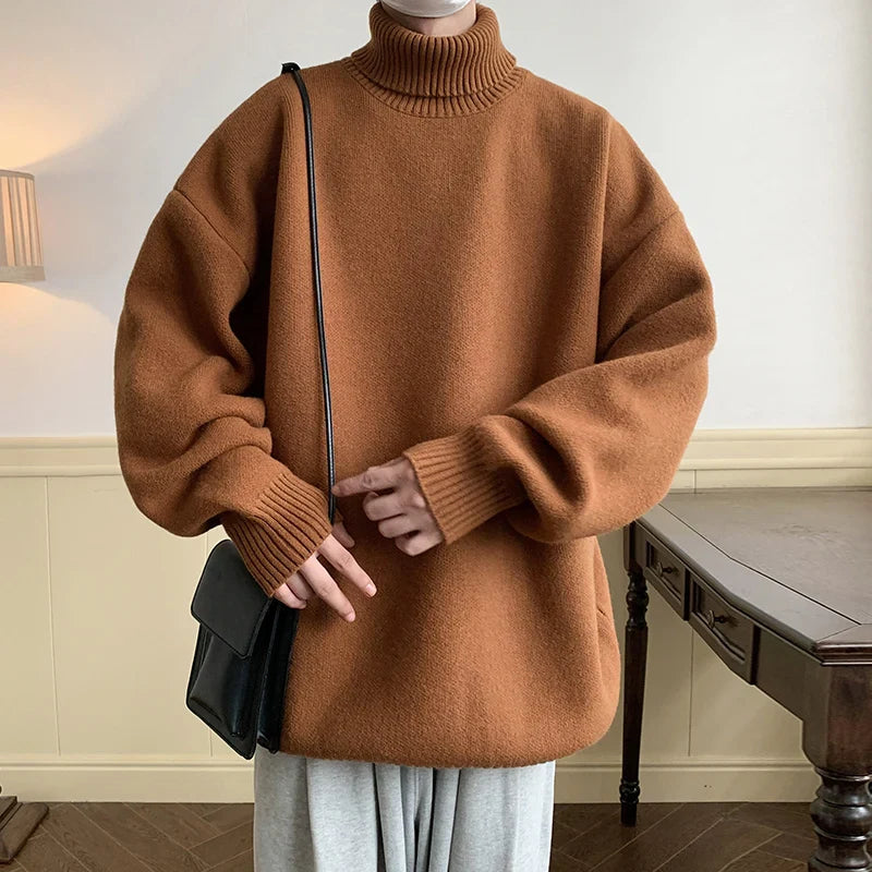 saferido Men's Turtleneck Sweater Pullover Men Loose Casual Harajuku Korean Fashion Mens Oversized Sweater Fashion Thicken Warm Sweaters