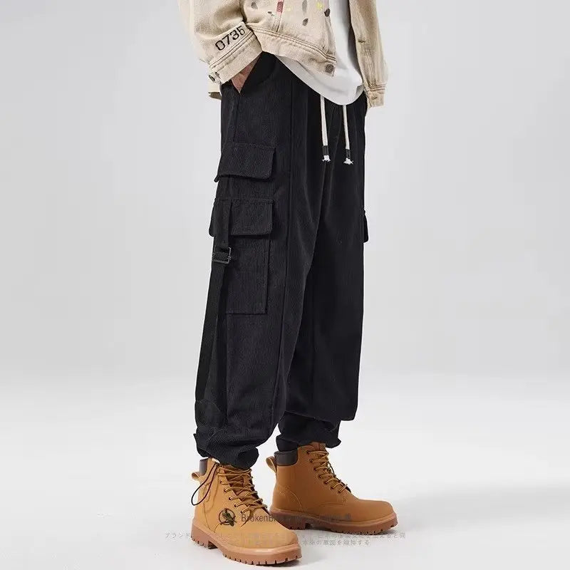 saferido Corduroy Cargo Pants Men Oversize Wide Leg Cargo Trousers Male Streetwear Hip Hop Harajuku Green Loose Japanese Vintage