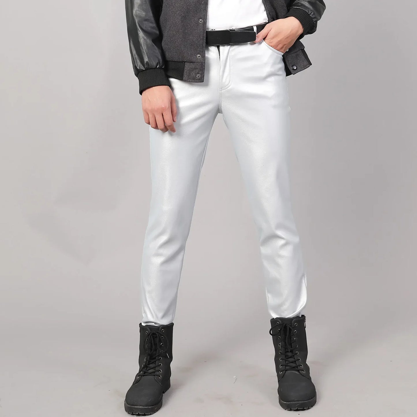 saferido Men's Leather Pants Spring Autumn Slim Fit Elastic Style Male Fashion PU Leather Trousers Moto Pants Solid Color Casual Bottoms