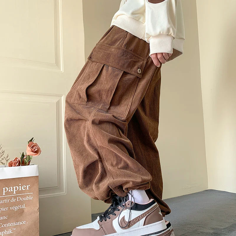 saferido Winter Thickened Corduroy Pants Men Oversize Pocket Cargo Pants Men Streetwear Hip Hop Loose Straight Pants Mens Thick Trousers