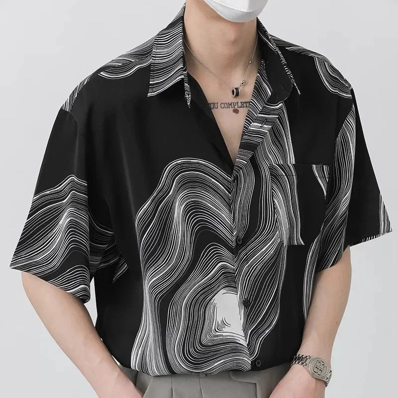 New Summer Design Irregular Silky Drape No-iron Lapel Shirt for Men Korean Fashion Texture Pattern Short Sleeve Men Shirts