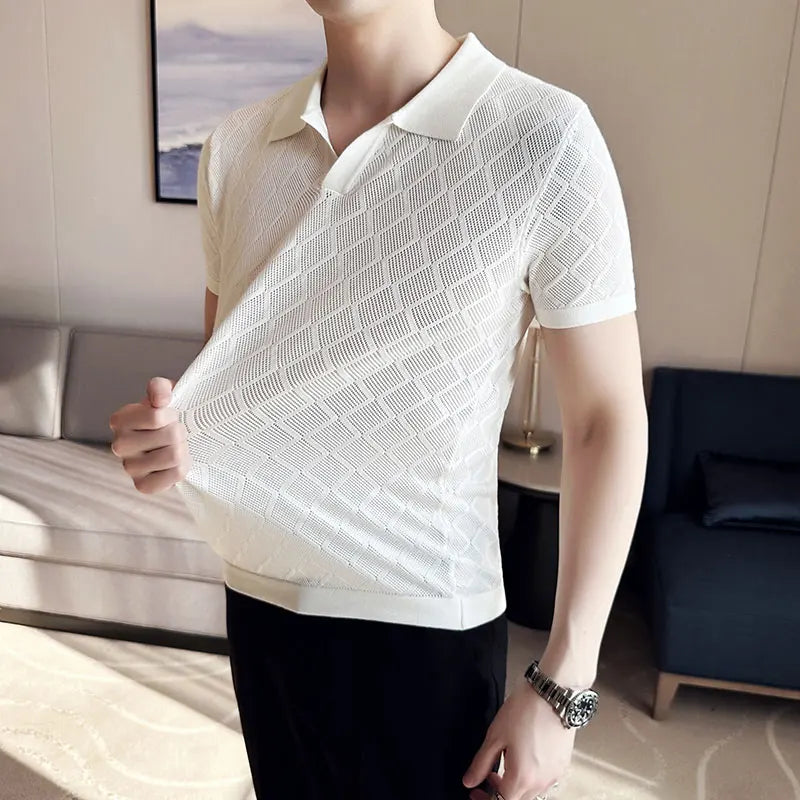saferido Male Spring Slim Fit Knitting Polo Shirts British Style Men's Summer Casual Hollow Out Short Sleeves Polo Shirts S-3XL