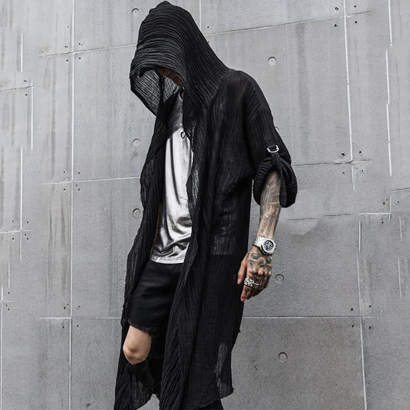 saferido Spring and Summer Men's Black Harajuku Mid Length Loose Casual Long Sleeve Shirt Stage Costume Halloween Costume