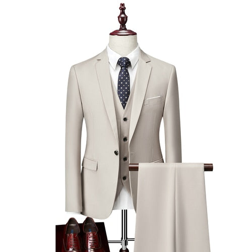 Men Slim Business Casual Suits Dress Three-piece Set Jacket Pants Vest / Male Wedding Groom Blazer Coat Trousers Waistcoat