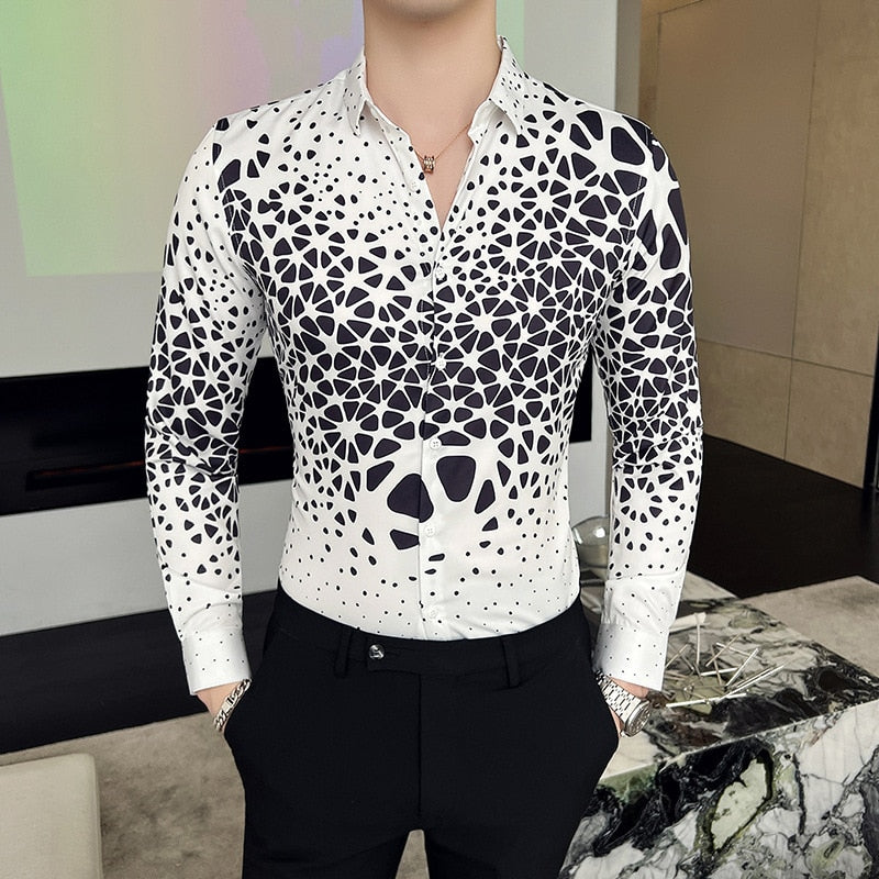 Men's Classic Geometric Print Shirt Spring Autumn Retro Casual Slim Fit Long Sleeve Shirts Men Party NightClub Shirts
