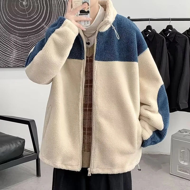 Fashion Contrast Lambs Men Winter Jacket Thicken Soft Stand Collar Pocket Coats Warm Long Sleeves Zipper Cotton Jackets New