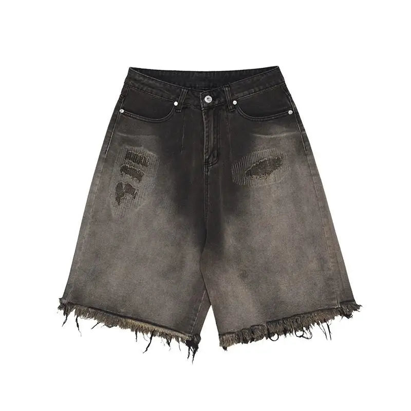 saferido Hip Hop American Vintage Washed Old Gradient Denim Shorts Men's Summer High Street Fashion Casual Loose Capris