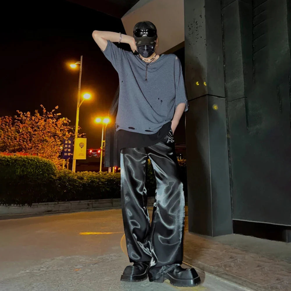 saferido Y2k Street Glossy Satin Trousers Men's Spring and Summer Loose Casual Pants Tide Brand Fashion Solid High Waist Wide Leg Pants
