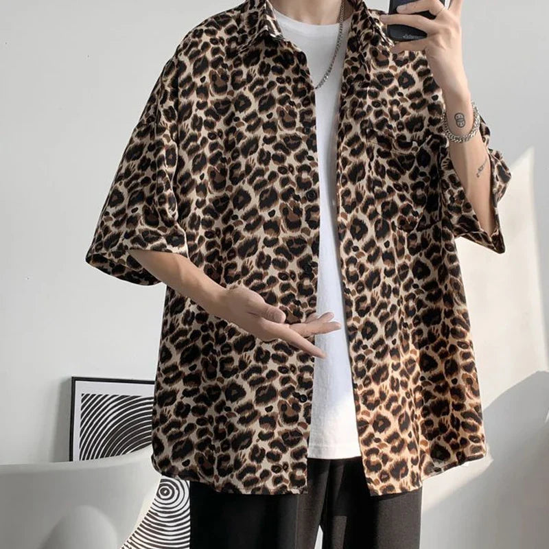 Fashion Casual Streetwear Korean Leopard Loose Button Handsome Shirts Spring Summer Thin Men's Clothing Turn-down Collar Tops