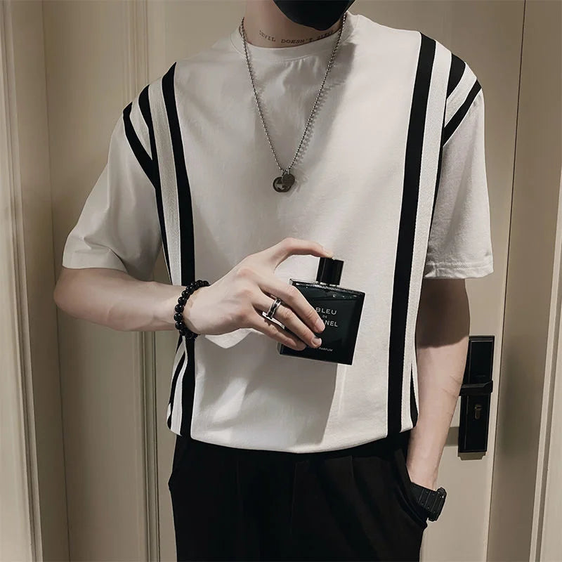 saferido Summer Men's Social Simple Fashion T Shirts Korean Style Round Neck Stripe Printing Tshirts Short Sleeve Black T-shirt