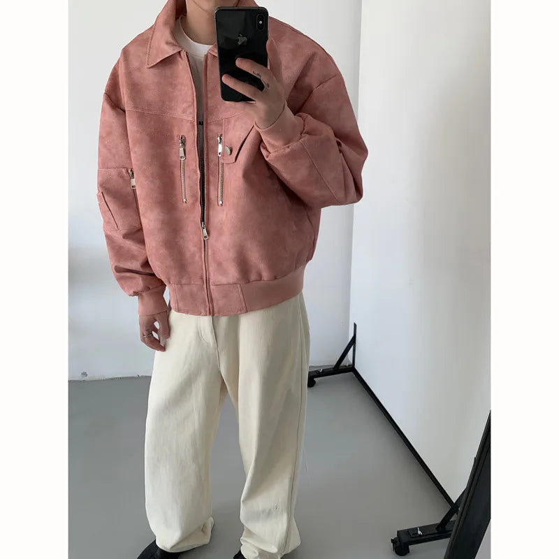 saferido Short Leather Jacket Men Oversized Fashion Casual Motorcycle Jackets Men Streetwear Hip-hop Loose Bomber Jacket Mens Outwear