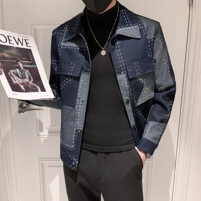 saferido Spring Autumn Men Plaid Jackets Street Casual Slim Fit Cotton Jacket Navy Blue Fashion Men Cowboy Coat Plus Size S-3XL