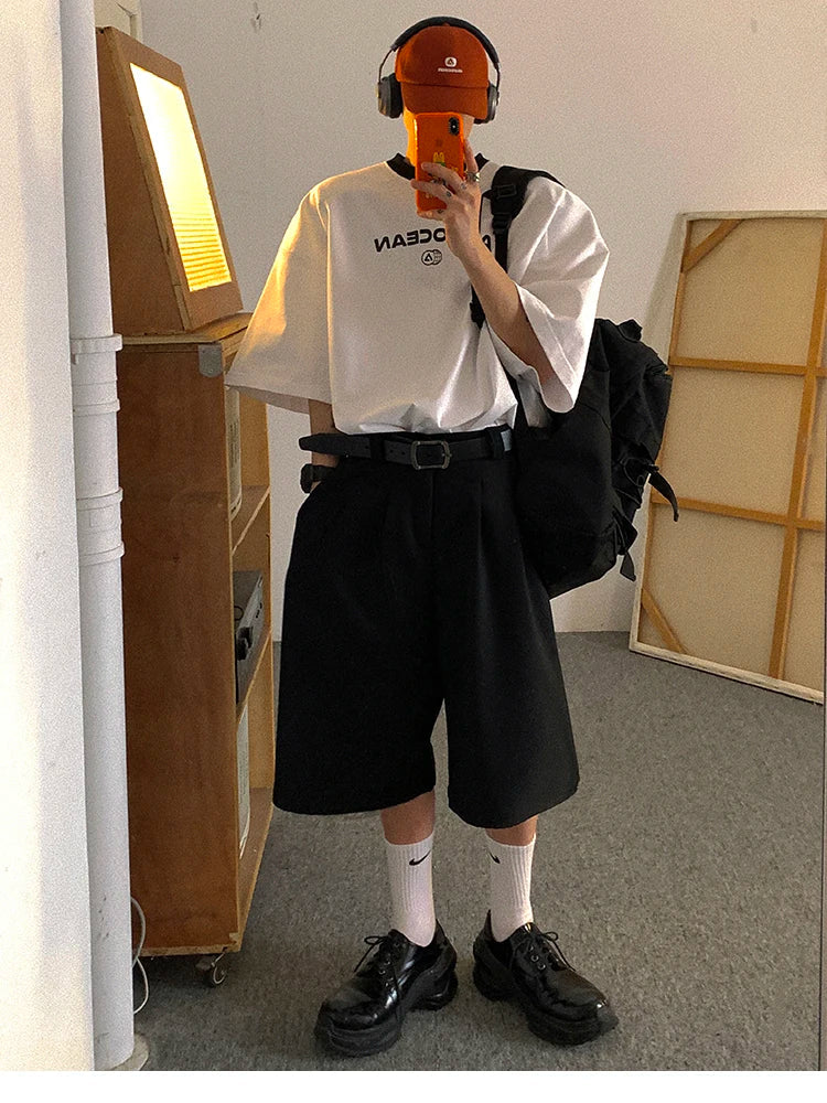 saferido Spring Summer Loose Casual Soft Black Pleated Shorts for Men Mens with High Waist Short Straight Pants Clothes