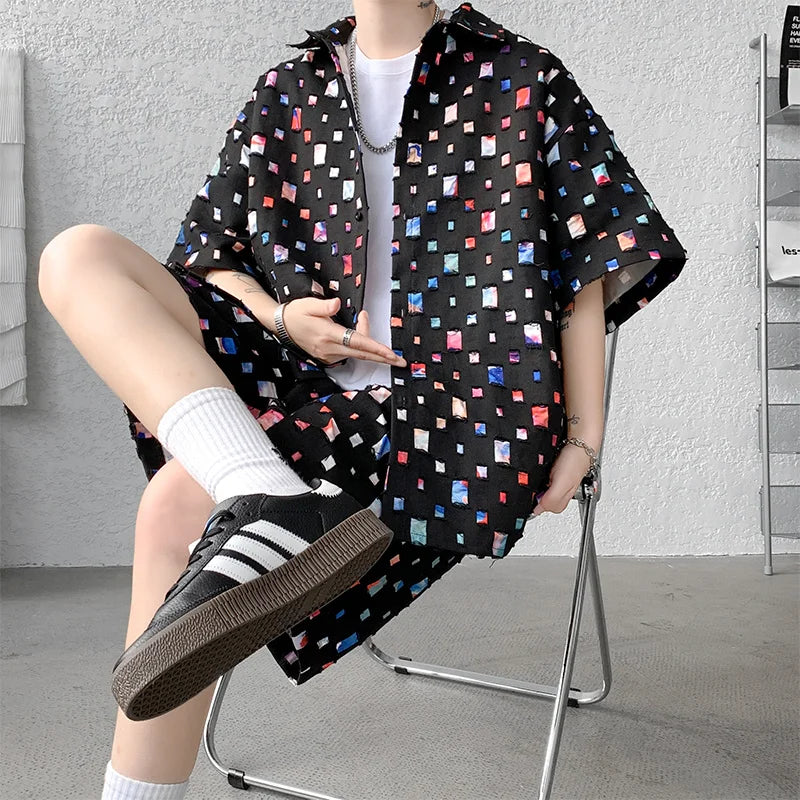 saferido Summer Plaid Sets Men Fashion Oversized Short Sleeved Shirt/Shorts Two-piece Men Streetwear Loose Hollow Out Set Mens Short Sets