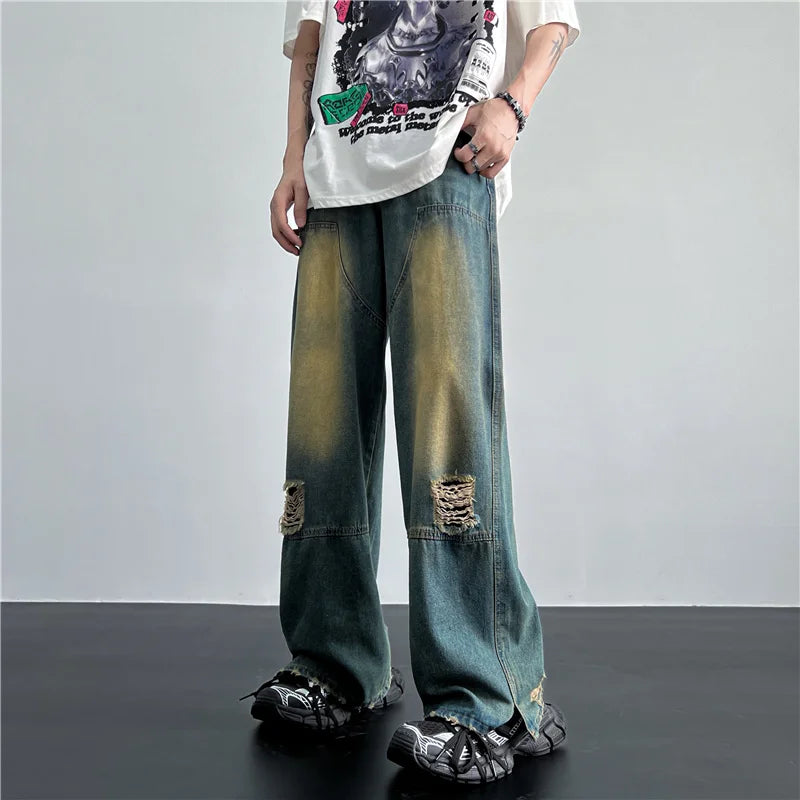 saferido Men's Hip Hop Ripped Hole Jeans Korean Handsome Casual Pants High Street Straight Loose Wide Leg Jeans Vintage Blue Baggy Jeans