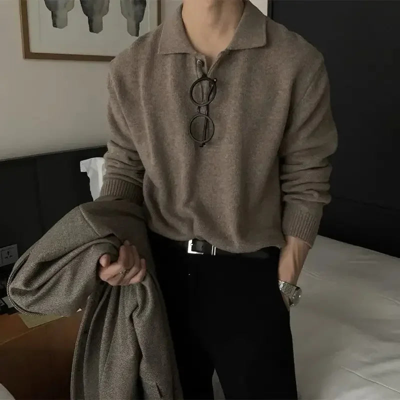 New Fashionable Korean Style Men's Sweater Polo Lapel Pullover Brown Loose Casual Button Soft Harajuku Knitted Sweater for Men