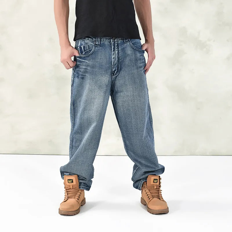 HOT New Large Size 30-44 46 Jeans Fashion Loose Big Pockets Hip-Hop Skateboard Casual Men Denim Blue & Black Design Brand