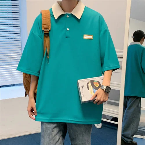 saferido New Arrivals Contrast Color Lapel Polo Shirt Men Summer Japanese Waffle Short Sleeve T-shirts Loose All-match Casual Tee