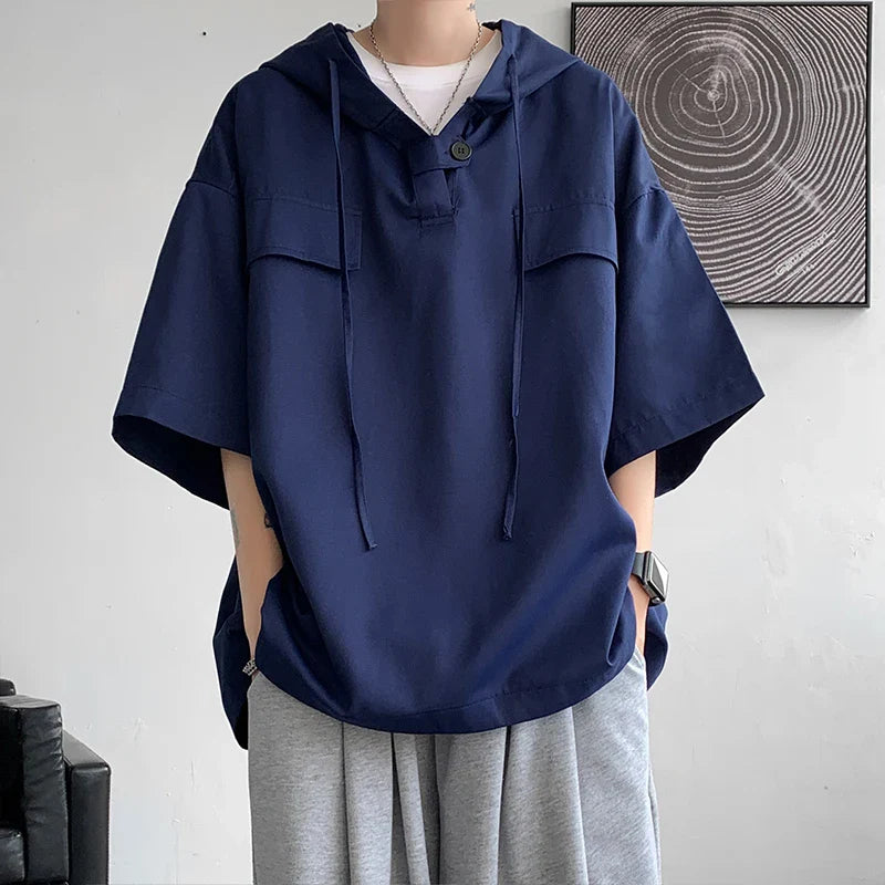 5 Colors Summer Hooded T shirt Men Korean Half Sleeve Pullover Streetwear Loose T-shirt Tops Drawstring Men Clothing 5XL-M