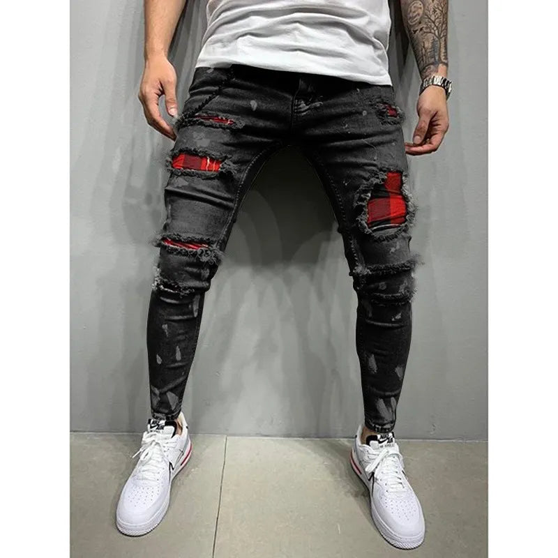 Men Flared baggy Jeans Bootcut Leg Pants Distressed Patchwork Jeans New Designer Punk Stlye Bell Bottom Denim Trousers