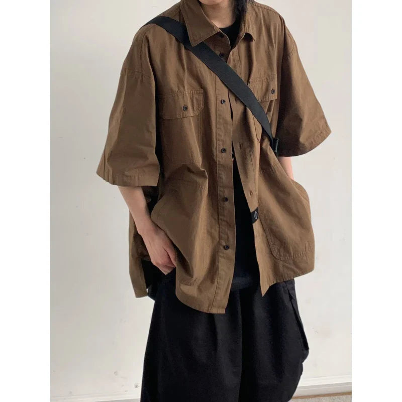 Japanese Summer Men Set Fashion Hooded Short Sleeved Shirt+Quick Drying Pockets Tooling Shorts 2-pcs Set Y2k Harajuku Trend Suit