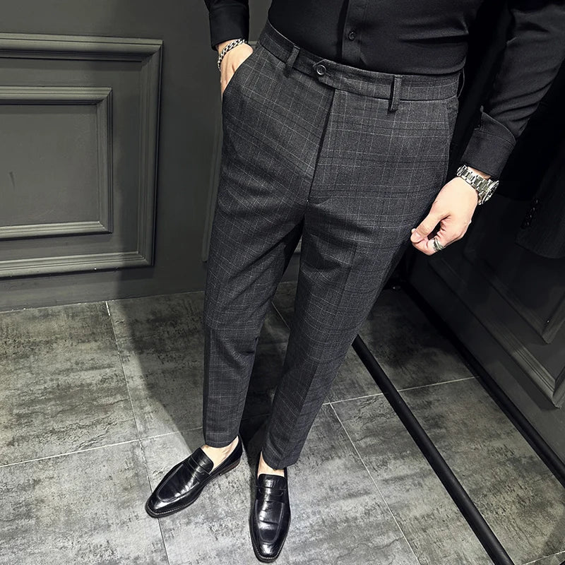 saferido Men Slim British Style Suits Pants Business Casual Trousers Male Solid Fit Trousers High Quality Man Formal Wear Plaid 36 38