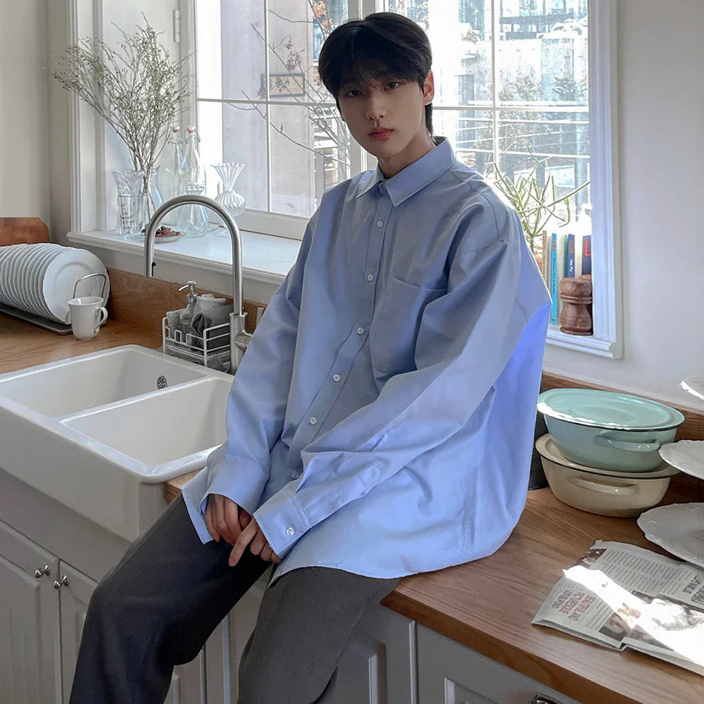 saferido Turn Down Collar Men Shirt Personality Solid Color Male Shirts Niche Design Men's Wear 2024 Spring Korean Streetwear