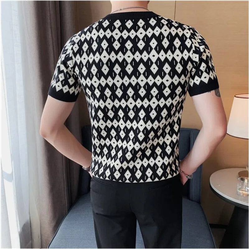 saferido Korean Style High Quality For Men Plaid Short Seeve Knit Sweater/Male Slim Fit Fahion O-Neck Set head Knit Sweaters Homme