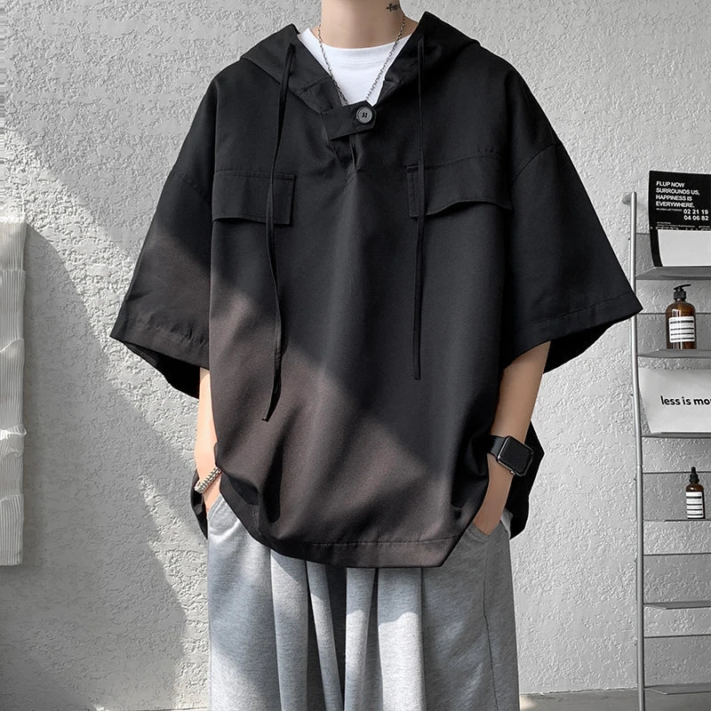 5 Colors Summer Hooded T shirt Men Korean Half Sleeve Pullover Streetwear Loose T-shirt Tops Drawstring Men Clothing 5XL-M