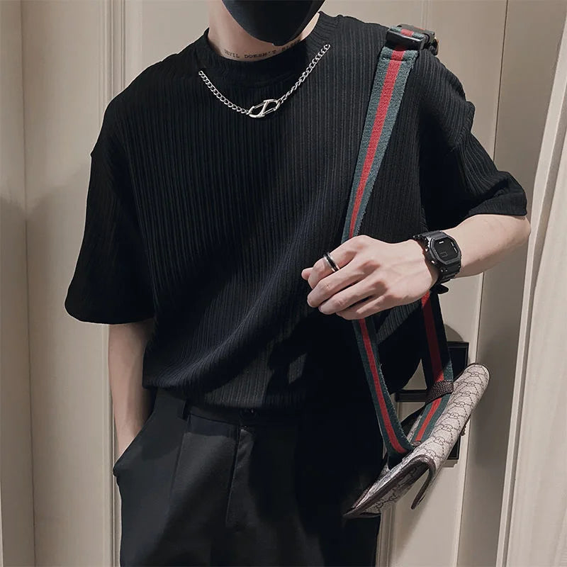 saferido Korean Style Summer Men's Silk Fabric Social T Shirts Removable Necklace Short Sleeve T-shirt Hip Hop Style Top Tshirts