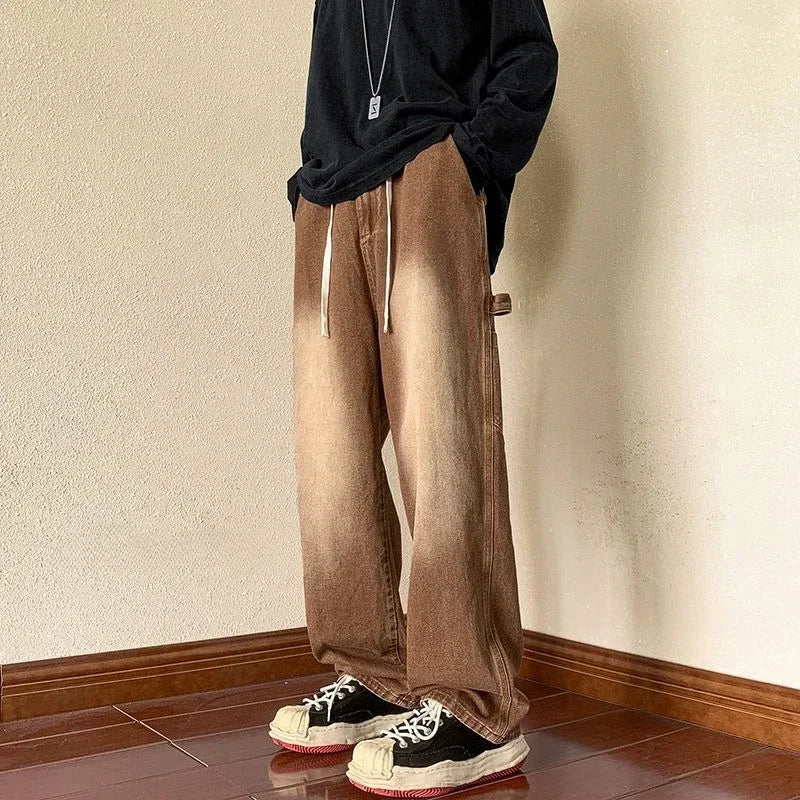 saferido Trousers Cargo Straight Male Cowboy Pants Brown Jeans for Men 2024 Korean Autumn Trend Cotton New in Style Y 2k Vintage Regular