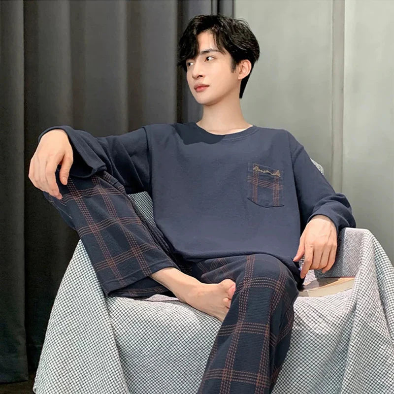 saferido Long Sleeve Pajamas Men's Spring New Cotton Plus Size Boys and Teenagers Can Wear Loungewear Outside